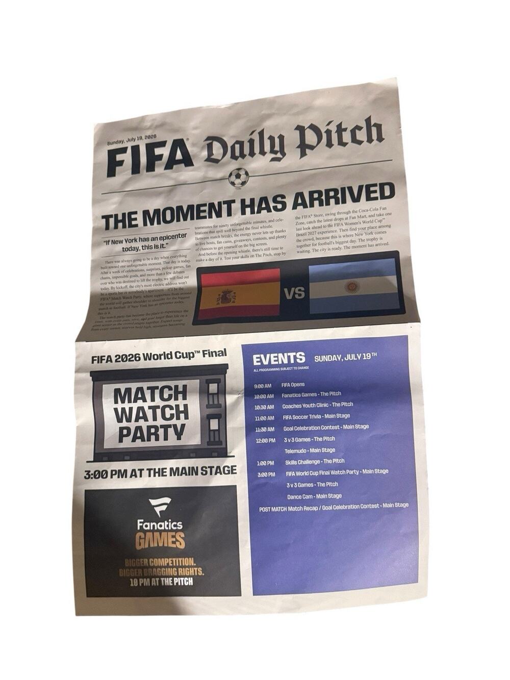 2026 Fanatics Fest Exclusive FIFA World Cup Daily Pitch Newspaper Sunday July 19